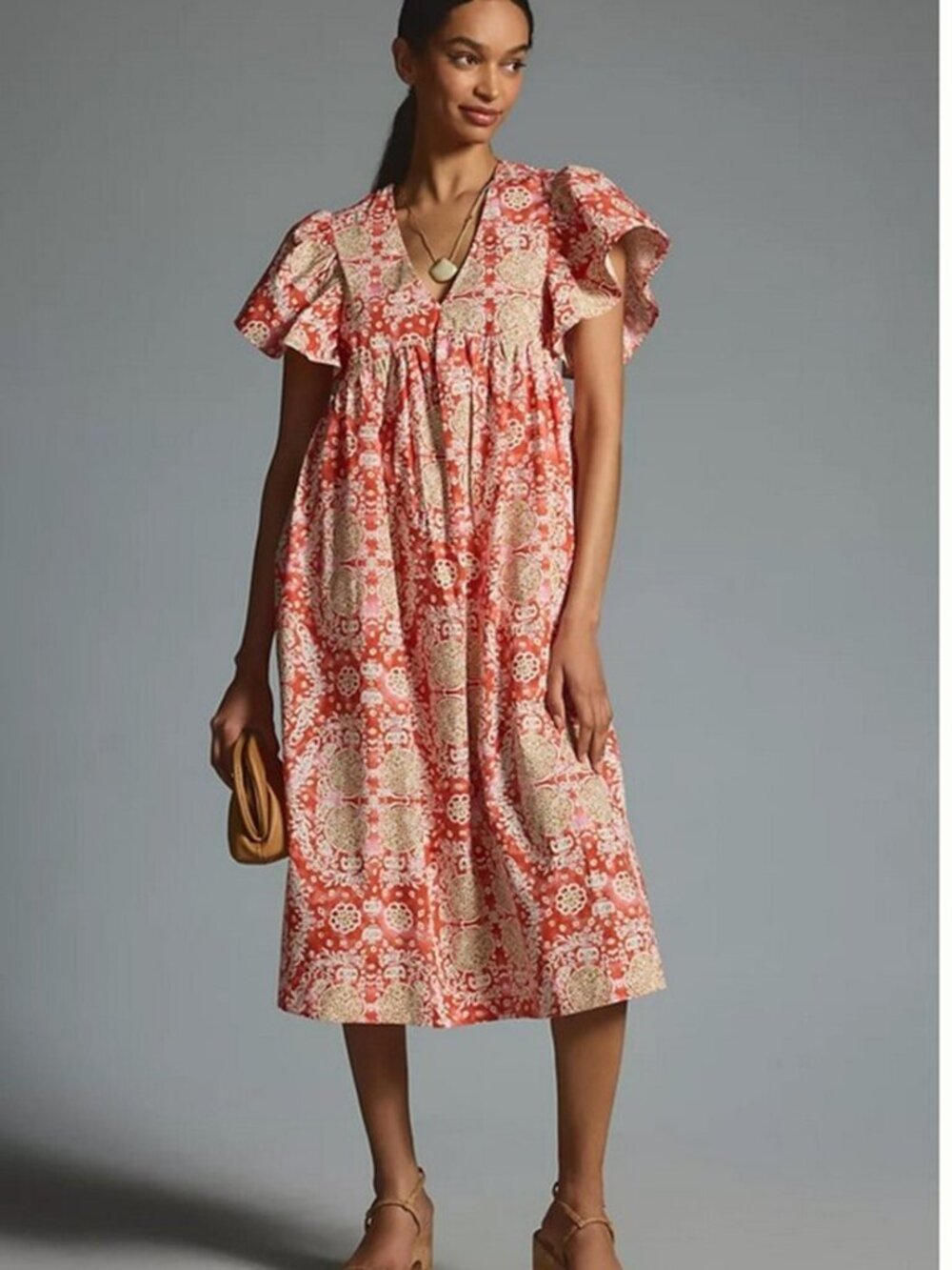 Maeve Anthropologie Midi Dress Womens XXS Printed Boho Flutter Sleeve Pockets